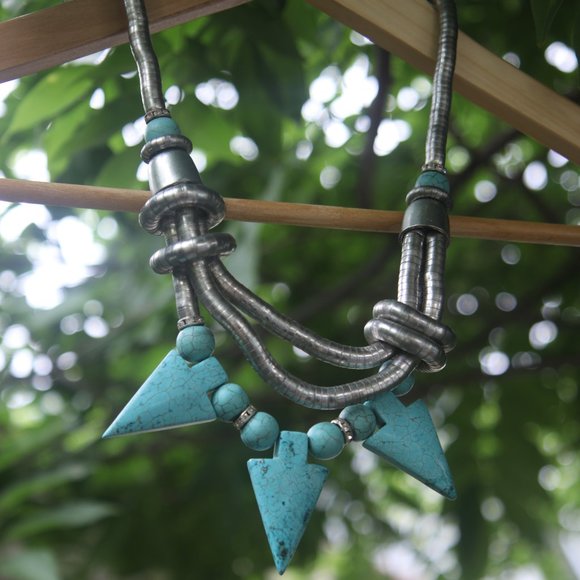 Turquoise Triangle Geometric Statement Necklace - Picture 3 of 3